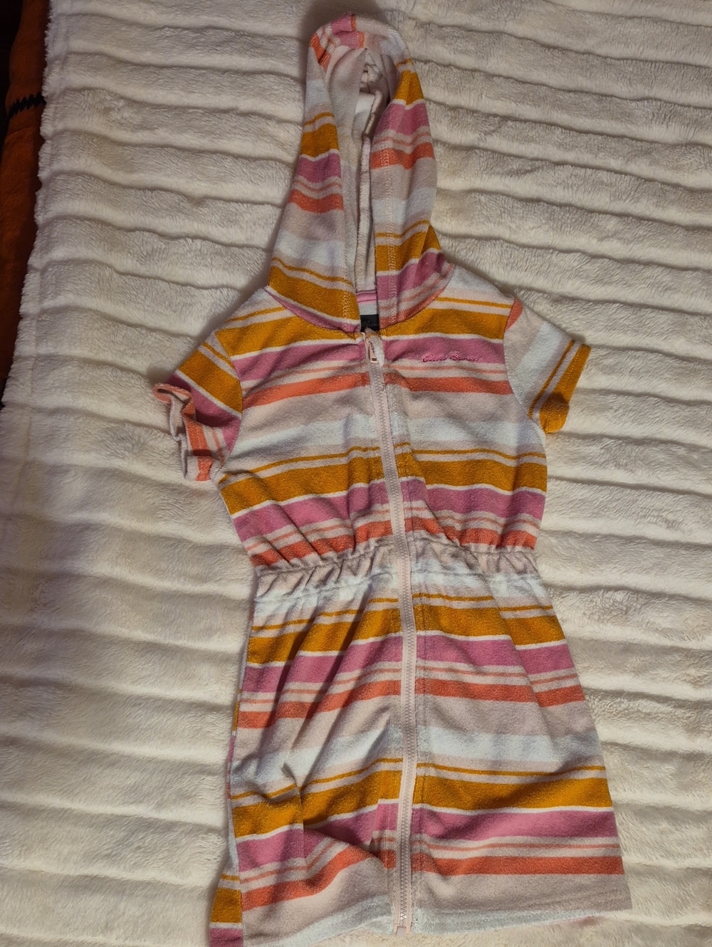 Eddie Bauer Pink, Yellow & White Striped Hooded Beach Cover Up Dress.
